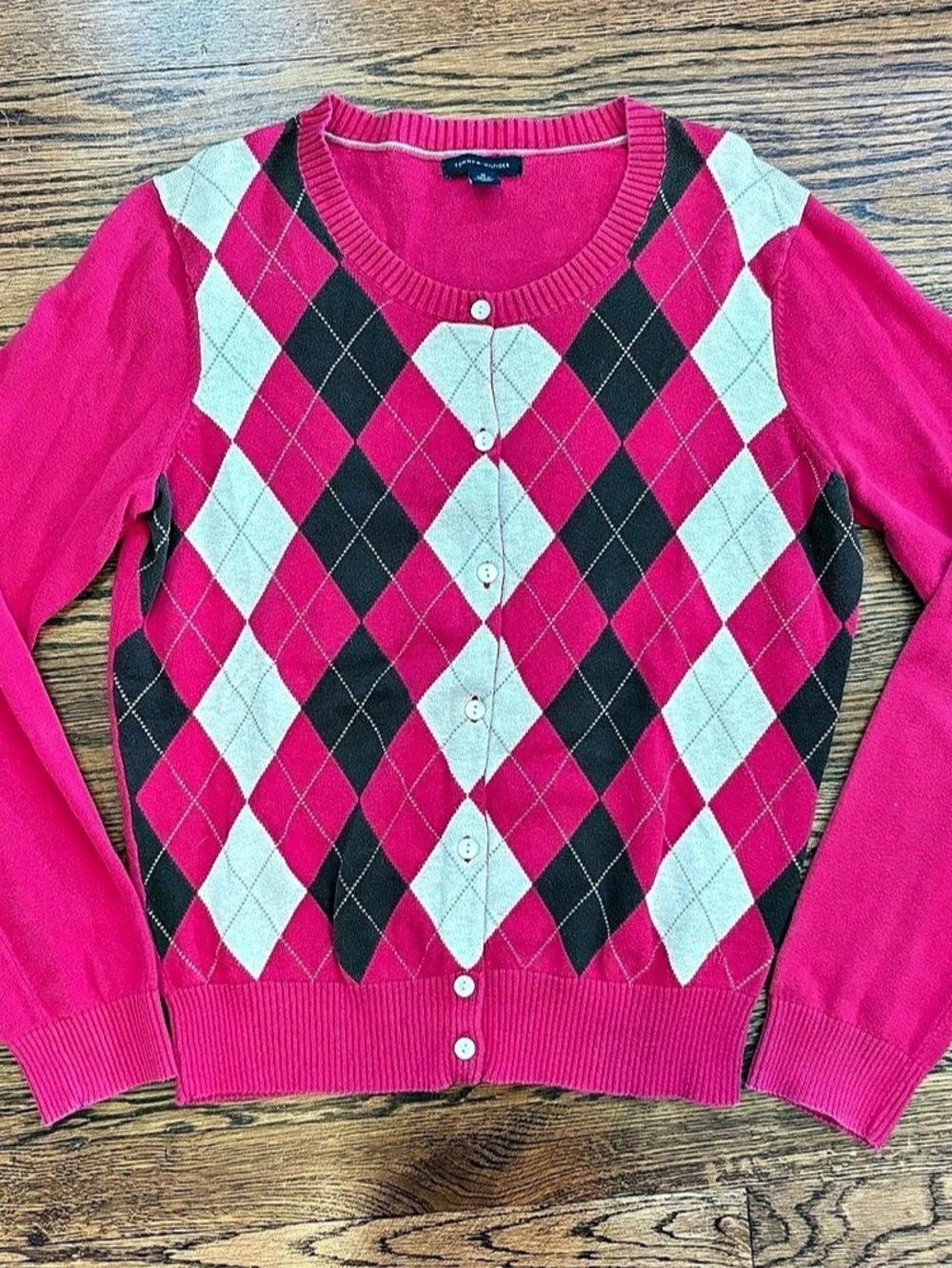 Tommy Hilfiger Argyle Cardigan Pink & Brown Size Medium